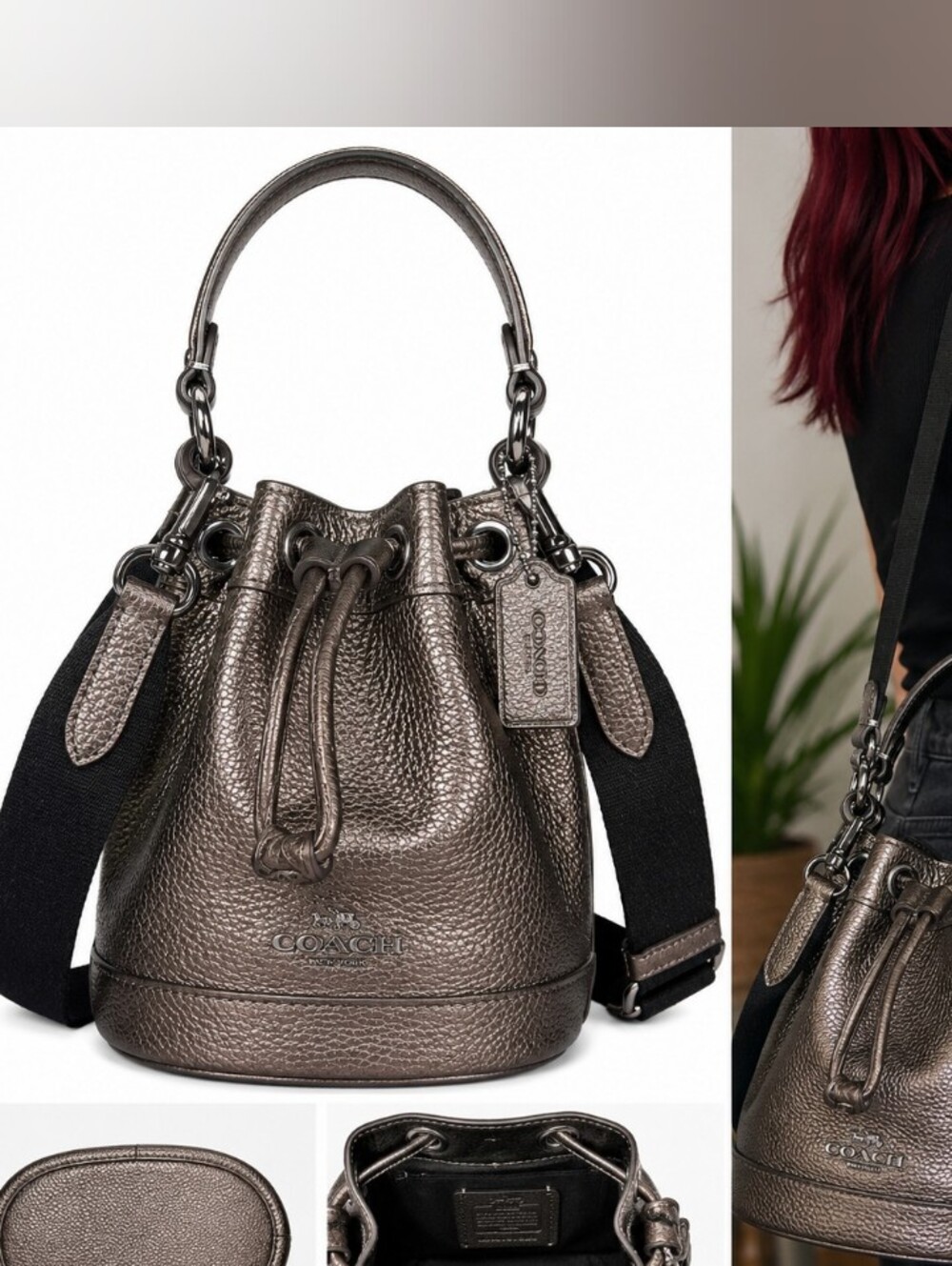 Coach Mini Metallic Pebbled Leather Mini Drawstring Bucket Bag - Bronze